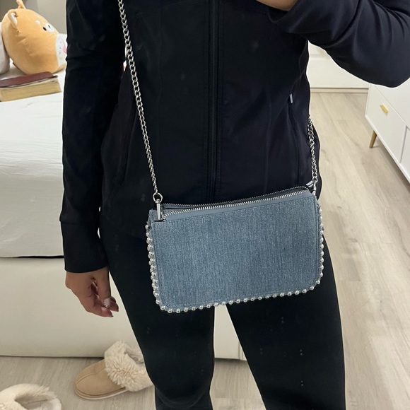 Zara Handbags - Zara Blue Denim Crossbody Bag with Pearl Accents